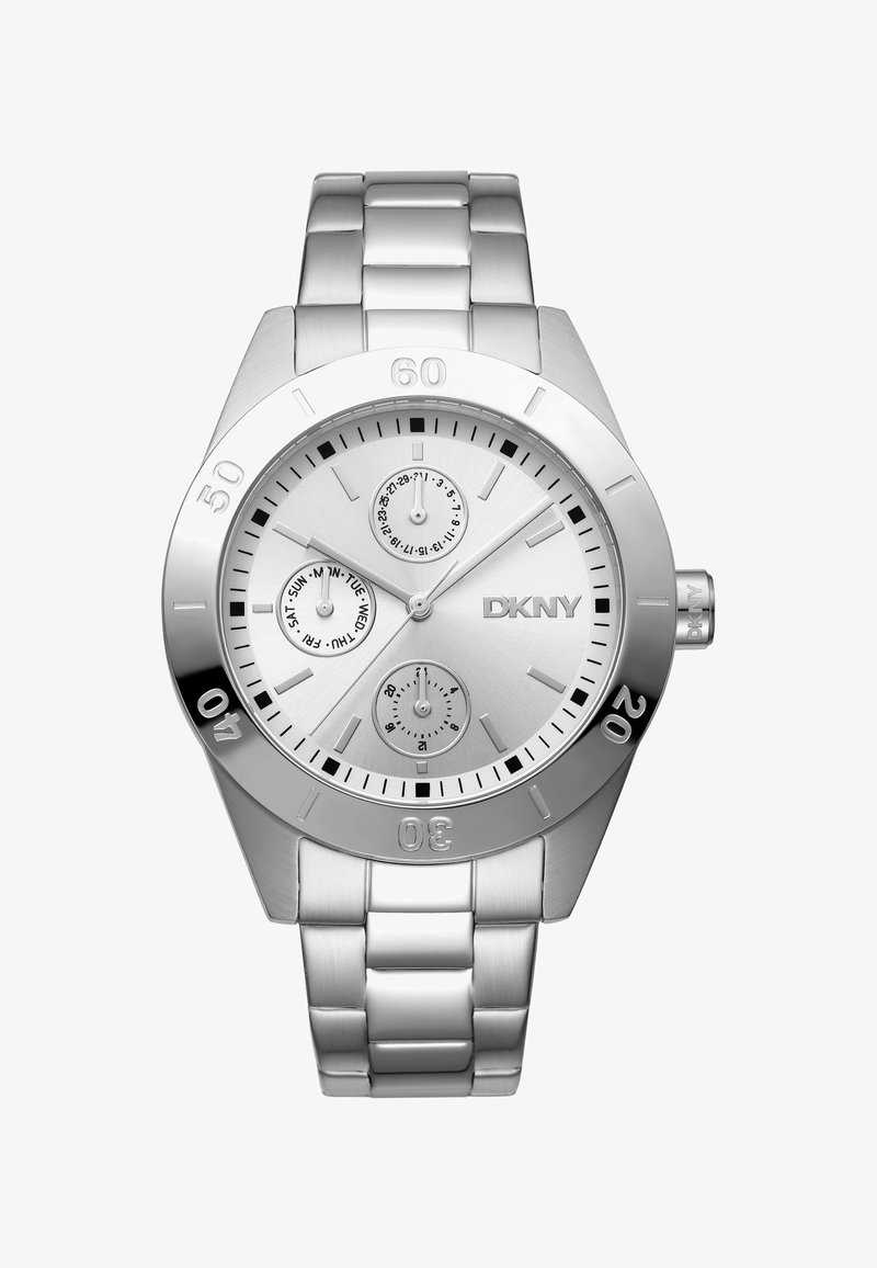 Silver stainless steel watch with a round case, minimalist dial, three sub-dials, and a brushed finish bracelet. Features bold hour markers.