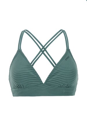 Turkoois getextureerde bralette met driehoekige cups en dubbele kruisbandjes op een witte achtergrond.