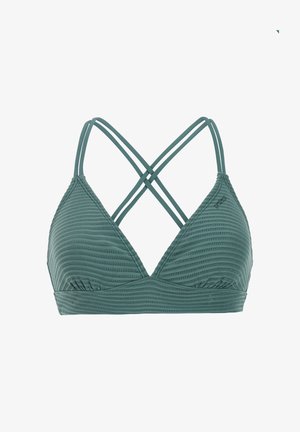 Turkoois getextureerde bralette met driehoekige cups en dubbele kruisbandjes op een witte achtergrond.