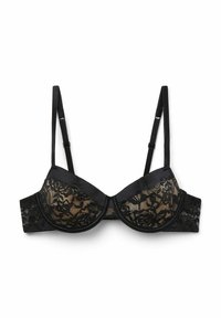 Black lace bra with underwire, featuring sheer floral lace cups and satin accents. Adjustable straps and a lace band design.