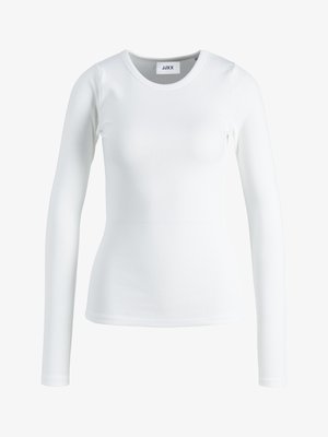 Hvit langermet ribbestrikket genser med rund hals, tettsittende silhuett og merkeetikett på kragen.