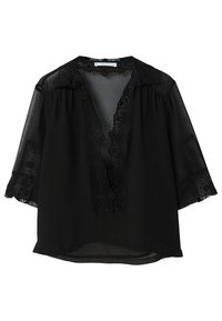 Blouse noire en tissu transparent, avec des détails en dentelle le long du décolleté et des manches, design en col en V, coupe ample. Apparence élégante et légère.