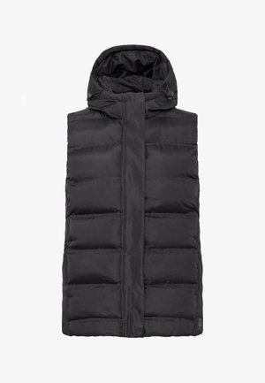 Gilet rembourré noir avec capuche, doté d'une texture lisse, d'une fermeture éclair sur le devant et de détails près de l'encolure. Sans manches ni poches.