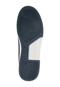 Suela de goma con una sección blanca contrastante, que presenta un patrón de espiga y surcos para mayor agarre. El color principal es azul marino.