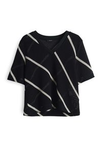 Top in maglia nera a maniche corte con scollatura a V e un motivo geometrico a strisce bianche su tutta la superficie, con vestibilità rilassata e superficie testurizzata.