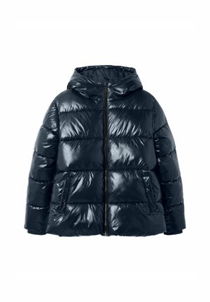 Dunkelblaue, glänzende, gepolsterte Jacke mit Kapuze, frontalem Reißverschluss und seitlichen Taschen, entworfen für kaltes Wetter.