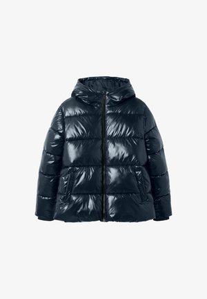 Giacca imbottita di colore blu scuro, lucida, con cappuccio, zip frontale e tasche laterali, progettata per il freddo.