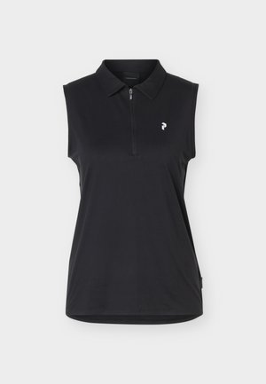 Črna športna majica brez rokavov s ovratnikom, sprednji zadrgi na pol, ter majhnim belim logotipom na levi prsni strani, prikazana na svetlem ozadju.