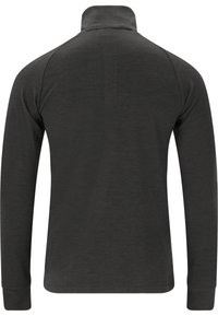 Dunkelgraues Langarmhemd mit hohem Kragen, weichem Material und tailliertem Design. Verfügt über lange Ärmel und einen geraden Saum am unteren Ende.