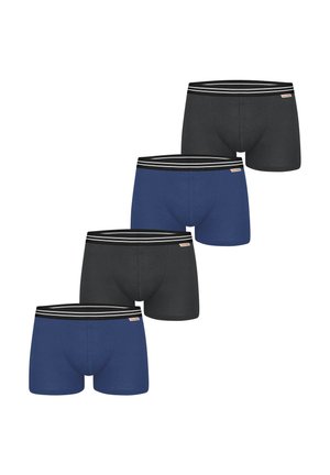 Vier Herren-Boxershorts in abwechselndem Schwarz und Marineblau, jeweils mit schwarzen Bundabschlüssen mit weißen Streifen und einem kleinen Etikett.