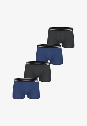 Vier Herren-Boxershorts in abwechselndem Schwarz und Marineblau, jeweils mit schwarzen Bundabschlüssen mit weißen Streifen und einem kleinen Etikett.