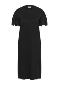 Robe noire à manches courtes longueur genou avec encolure ronde et bordure en dentelle aux manches.