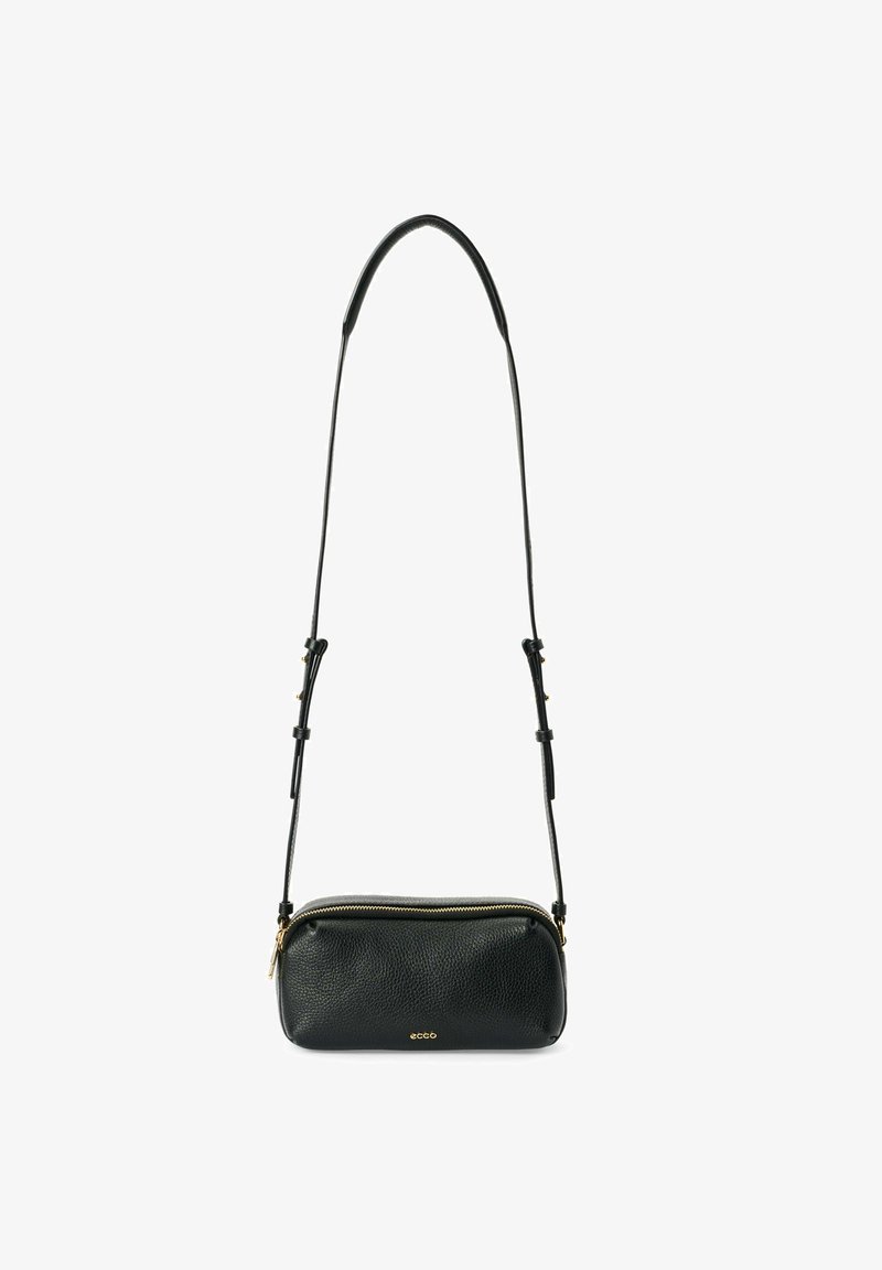 Zwarte leren crossbody tas met een textuurafwerking, voorzien van een ritssluiting en een slanke verstelbare schouderband. Accenten in goudkleurige hardware.