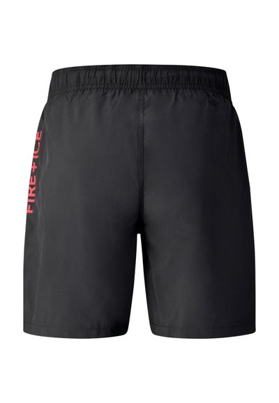 Shorts de sport noirs avec ceinture élastique et texte rouge "FIRE+ICE" imprimé verticalement sur le côté gauche.