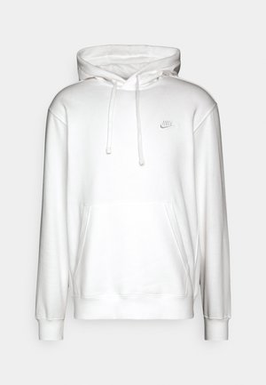 White hooded sweatshirt made of cotton blend, featuring a front pocket, drawstrings, and a small embroidered logo on the chest.