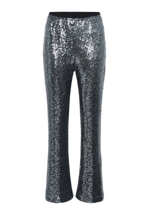 Black sequined straight-leg pants with a slight flare and elastic waistband, shown against a white background.