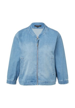 Hellblaue Jeansjacke mit runder Kragen, Frontreißverschluss, zwei seitlichen Taschen, elastischen Bündchen und einem lässigen Schnitt.
