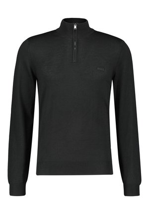 Schwarzer Pullover mit langen Ärmeln und einem Reißverschluss am Stehkragen. Glatte Textur, gerippte Bündchen und ein Logo-Detail auf der Brust.