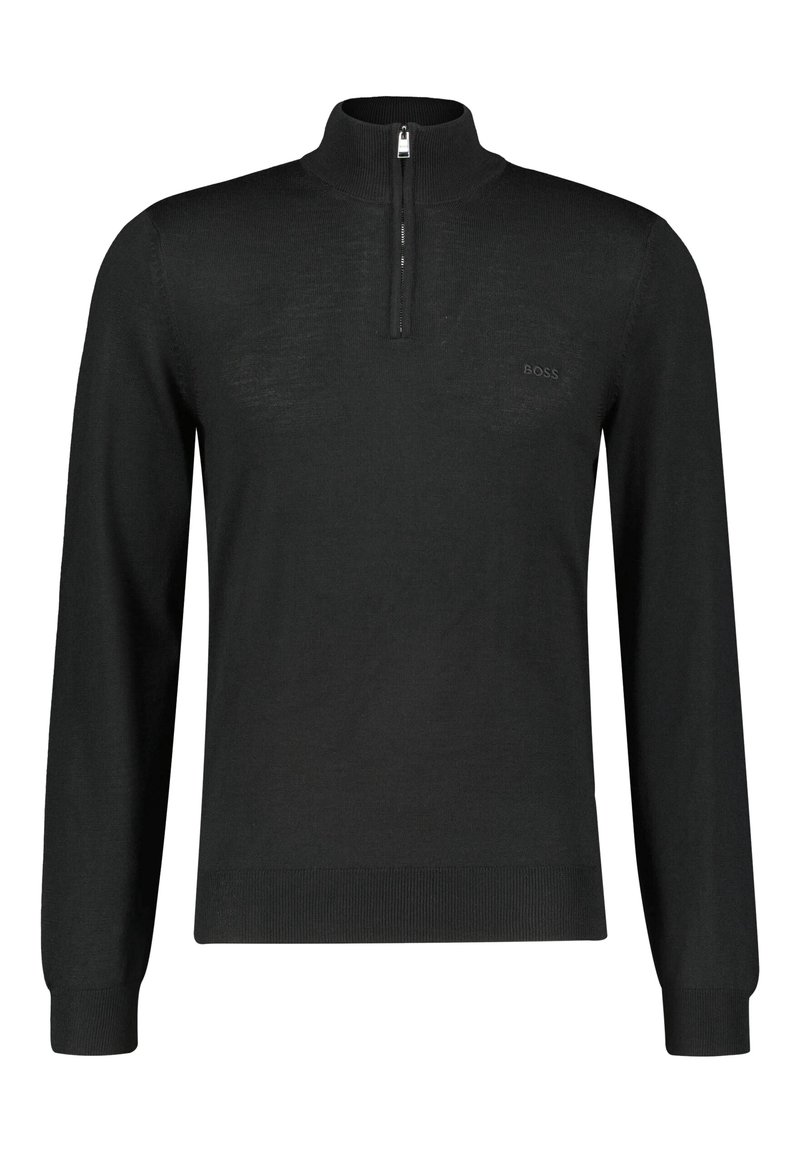 Svart långärmad pullover med dragkedja och hög krage. Slät textur, ribbade ärmslut och en logodetalj på bröstet.