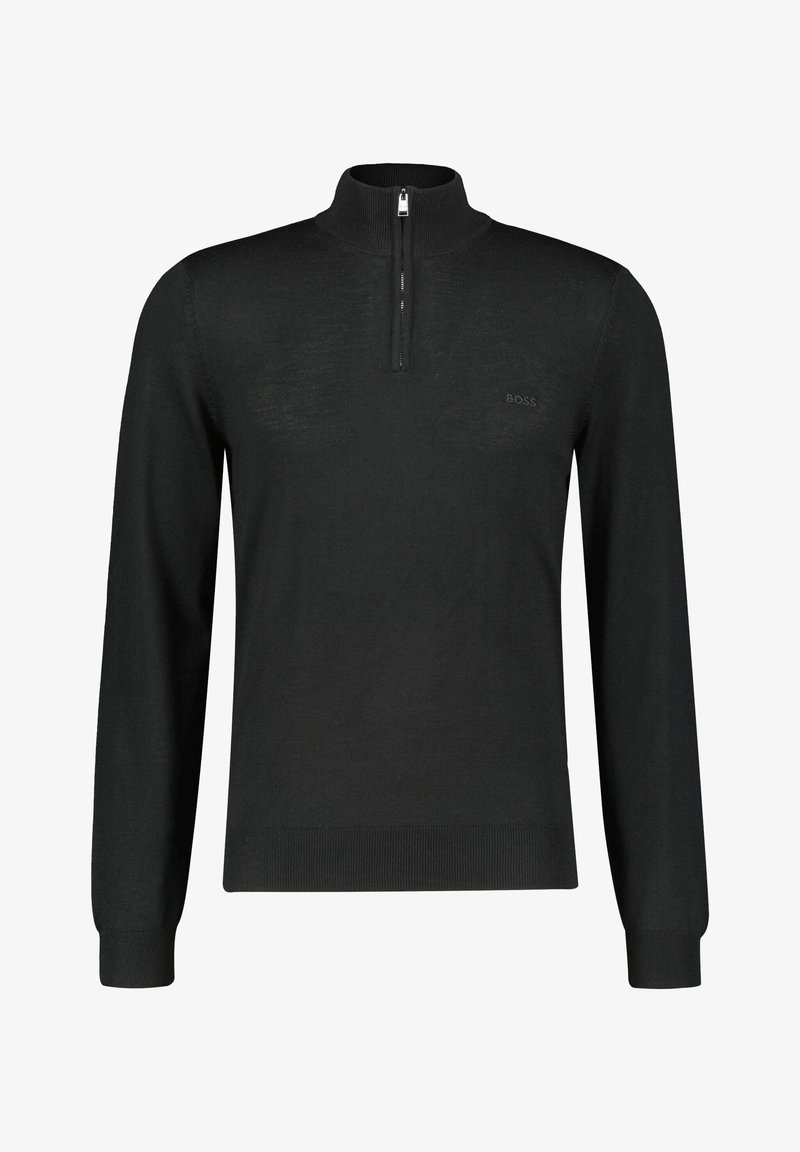 Svart långärmad pullover med dragkedja och hög krage. Slät textur, ribbade ärmslut och en logodetalj på bröstet.