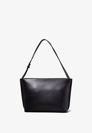 Black leather shoulder bag with an adjustable strap and subtle embossed Calvin Klein logo on the front center.