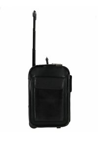 Schwarzer Rollkoffer mit einem ausziehbaren Griff, strukturiertem Kunstlederoberfläche, Fronttasche und glatten Rollen für Mobilität.