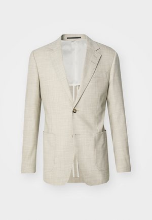 Helles beige, tailliertes Blazer aus strukturiertem Stoff, mit zwei aufgesetzten Taschen, Revers, einem Knopfverschluss und einem eingekerbten Kragen.