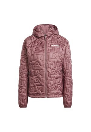 Padded hooded jacket in mauve with quilted texture, front zipper, and logo. Features two side pockets and elasticised cuffs.
