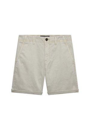 Pantalones cortos beige casuales con trabillas para cinturón, botón delantero, cremallera, bolsillos inclinados y dobladillos doblados.