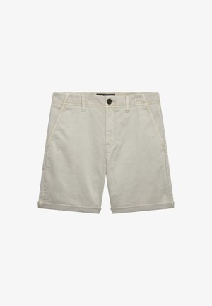 Pantaloncini beige casual con passanti per cintura, bottone frontale, chiusura lampo, tasche oblique e orli piegati.