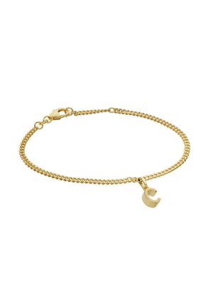 Gold chain bracelet with a small, gold letter "C" charm and a lobster clasp on a white background.