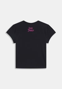 Fekete, rövid ujjú póló kerek nyakkivágással és rózsaszín "Love Juicy" felirattal a felső hátrészen. Puha pamut anyagból készült.