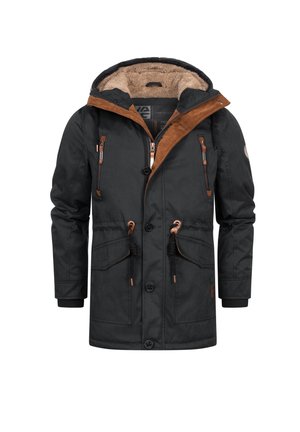 Schwarze Jacke mit einer gefütterten Kapuze aus Kunstfell, braunen Wildlederakzenten, mehreren Reißverschlusstaschen, einer Kordelzug-Taille und gerippten Manschetten.