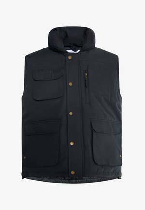 Must must vest kõrge kraega, metallist nupud, mitmed taskud ja lukuga rinna tasku. Sile tekstuur, nähtavaid mustreid ei ole.