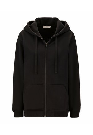 Czarna bluza z kapturem na zamek błyskawiczny, z przednimi kieszeniami, długimi rękawami, sznurkami i kapturem, przedstawiona na białym tle.