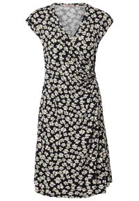 Czarna sukienka kopertowa z krótkimi rękawami, białym i żółtym kwiatowym wzorem oraz marszczeniem po prawej stronie.