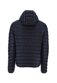 Marinblå, vadderad jacka med huva, med horisontell quiltad detalj och elastiska ärmslut. Slät textur med en sofistikerad silhuett.