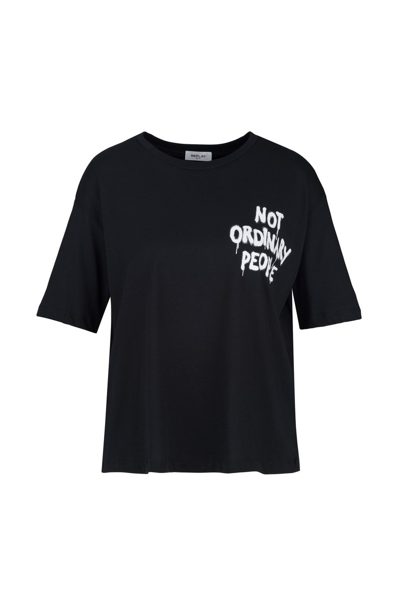 Zwarte t-shirt met korte mouwen van katoen, met op de voorkant aan de linkerkant een witte grafische tekst "NOT ORDINARY PEOPLE".