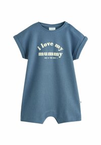 Blå ribbad romper med korta ärmar, med vit text som lyder "i love my mummy" och "she is the best" i en böjd design.