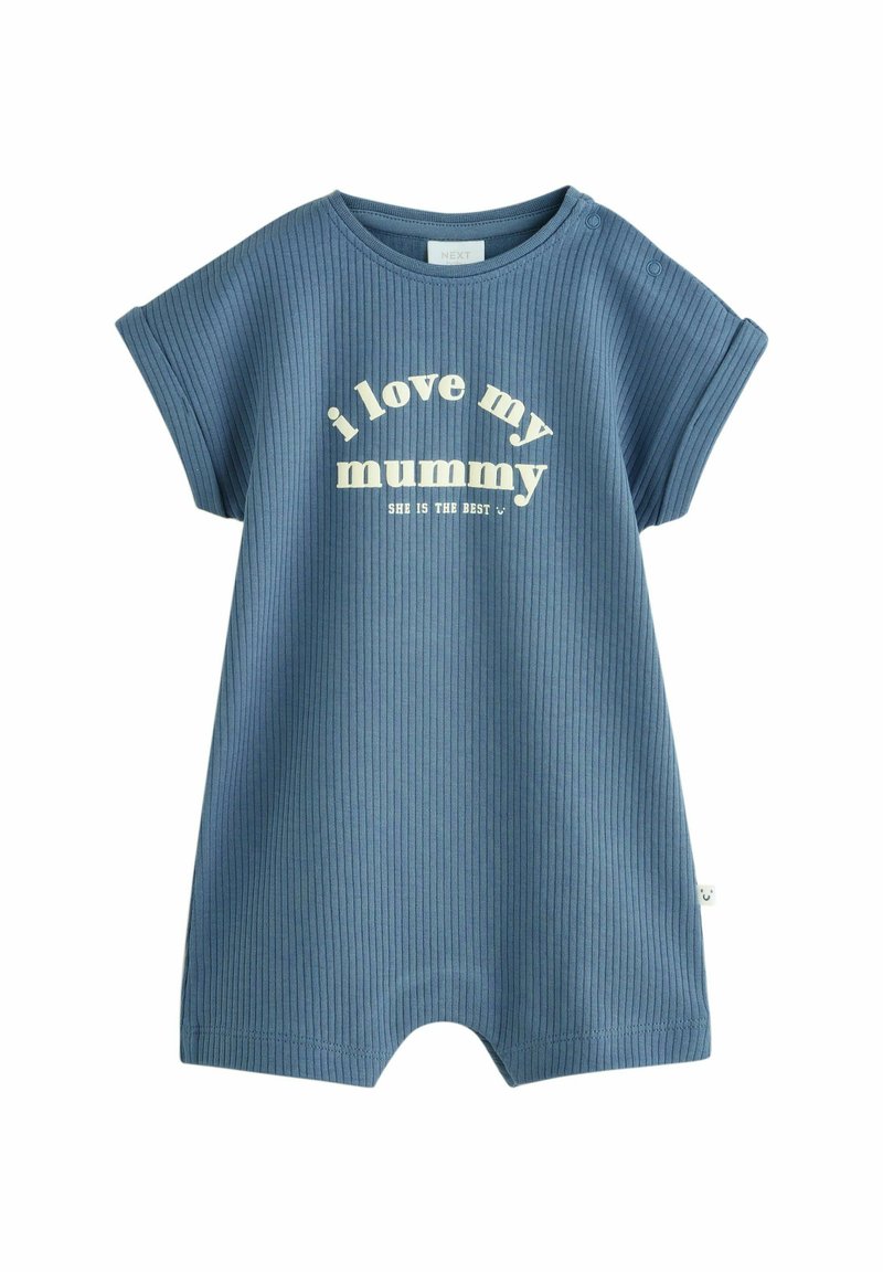 Blå ribbad romper med korta ärmar, med vit text som lyder "i love my mummy" och "she is the best" i en böjd design.