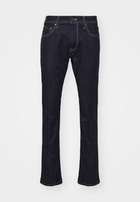 Tmavě modré džínové kalhoty s rovným střihem nohavic, vybavené standardními předními kapsami, zapínáním na knoflík a kontrastním prošíváním.