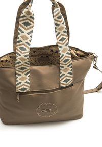 Borsa tote in pelle marrone con manici in tessuto a motivi, chiusura con zip, interno con motivo a stelle e dettagli del logo sulla parte anteriore.