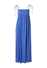 Blaues Maxikleid aus leichtem Material, mit taillierter Brustpartie und fließendem Rock, verstellbaren Bindebändern und strukturiertem Finish.