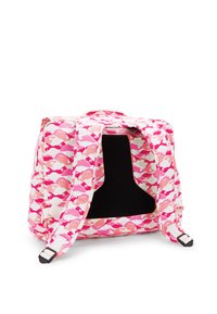 Zaino con un motivo a onde rosa e bianco, materiale in tessuto, spallacci regolabili e un ampio interno nero. Design leggero e compatto.