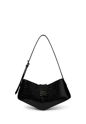 Black faux crocodile leather handbag with a single strap and a metal decorative clasp at the center front.