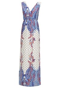 Robe longue sans manches avec décolleté en V profond, taille élastique, base blanche, motifs complexes de cachemire rouges, bleus et petits points dorés.