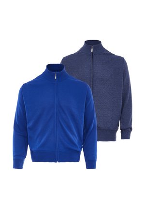 Two men's zip-up sweaters with high collars, one royal blue and one dark blue, displayed on a white background.