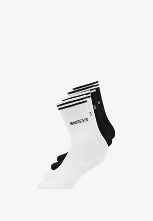 Set di calzini in cotone in bianco e nero, caratterizzati da una texture a costine e strisce. Logo "SNOCKS" stampato su ciascuno.