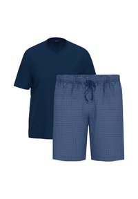 Marineblauw V-hals T-shirt en blauw geruite shorts met elastische tailleband en trekkoord. Het T-shirt heeft korte mouwen en geen opvallende accenten.
