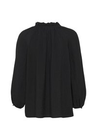 Black, long-sleeve top with a textured crinkled fabric, ruffled neckline, and gathered cuffs. Loose fit, straight hemline, no prominent hardware.